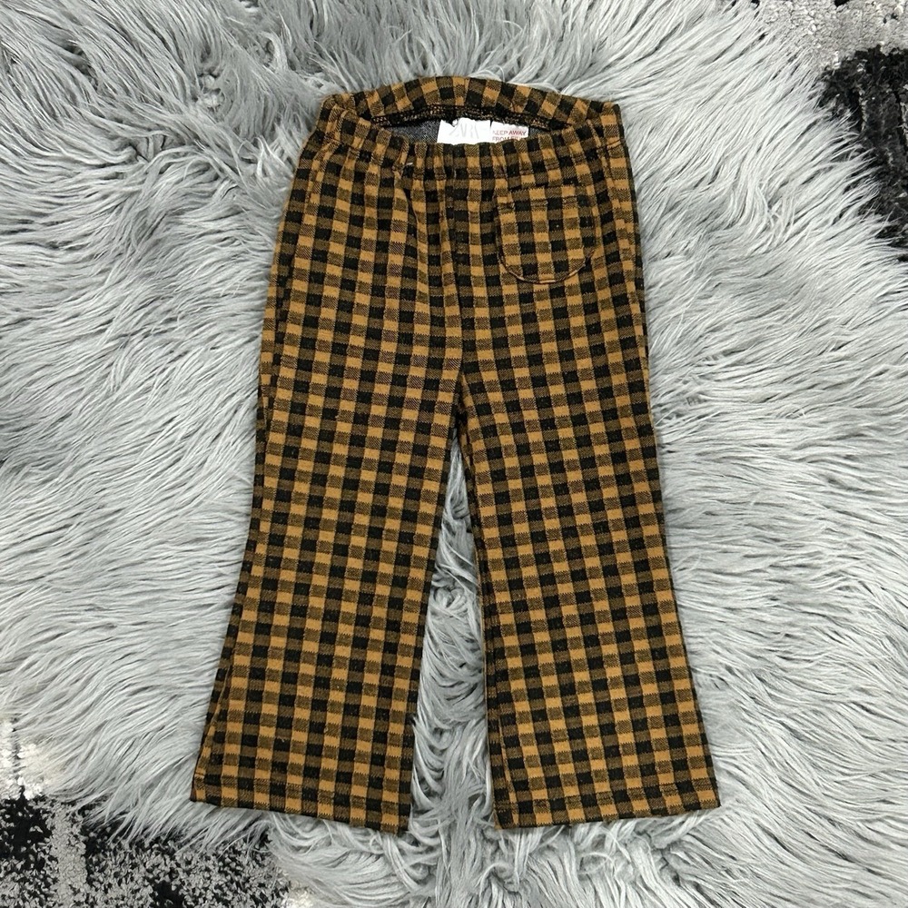 ZARA Girls Brown & Black Gingham Plaid Bell Bottom Pants Size 9-12‎ Month
